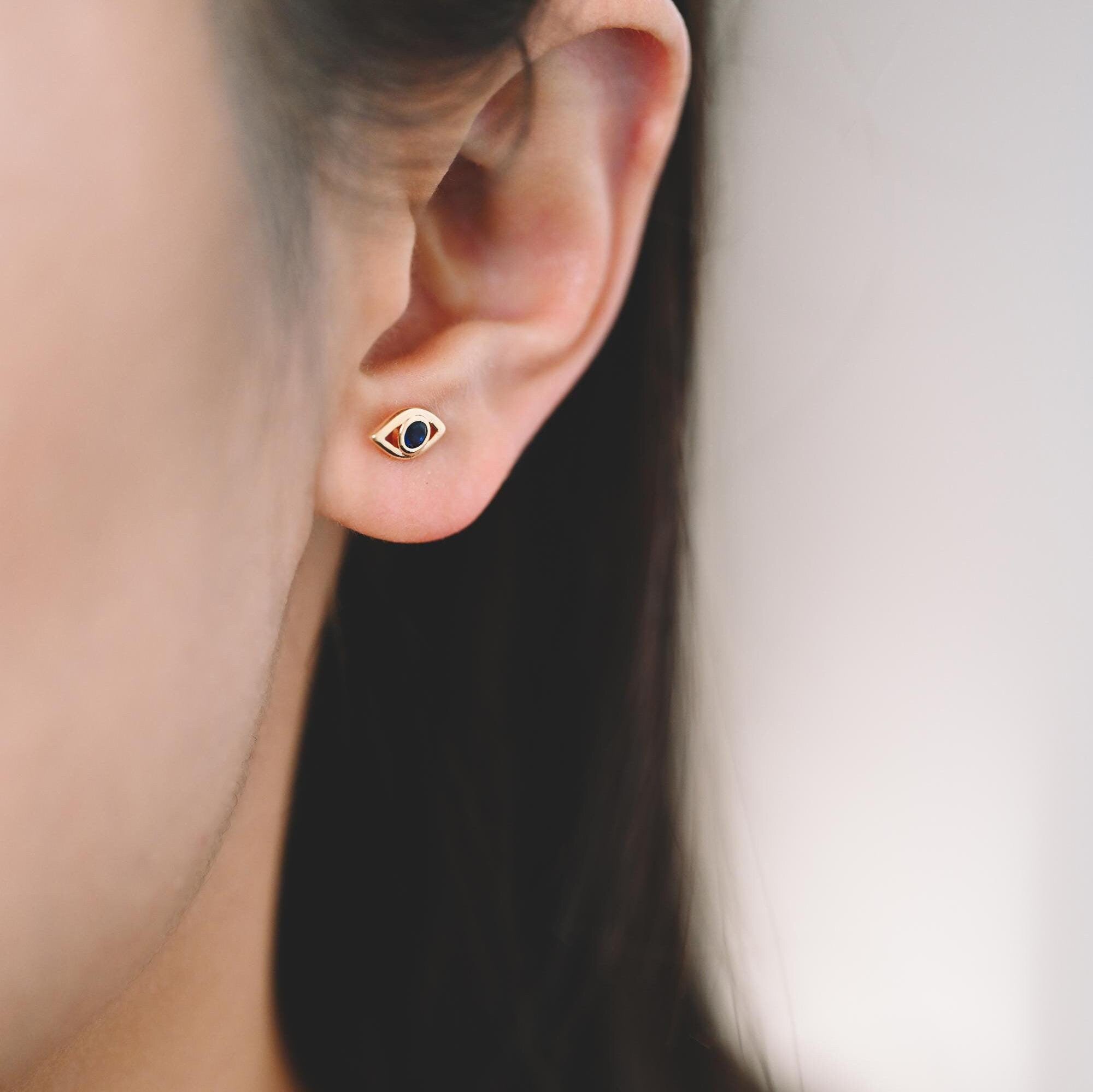 10pcs Blue CZ Pave Evil Eye Stud Earrings, Real Gold plated Brass, Cubic Zirconia Paved Eye Earrings (GB-3866)